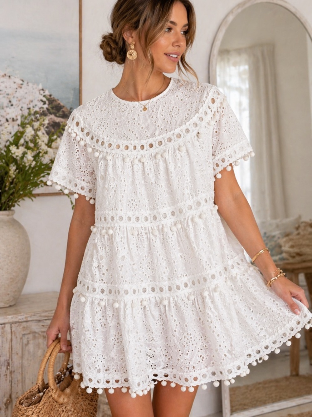 Cynthia Rowley Eyelet Lace Mini Dress White Tiered Pom Trim XS